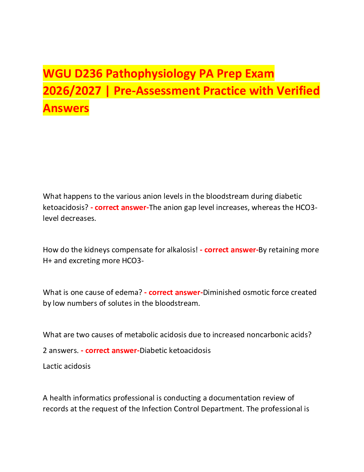 WGU D236 Pathophysiology PA Prep Exam  2026/2027 | Pre-Assessment Practice with Verified Answers