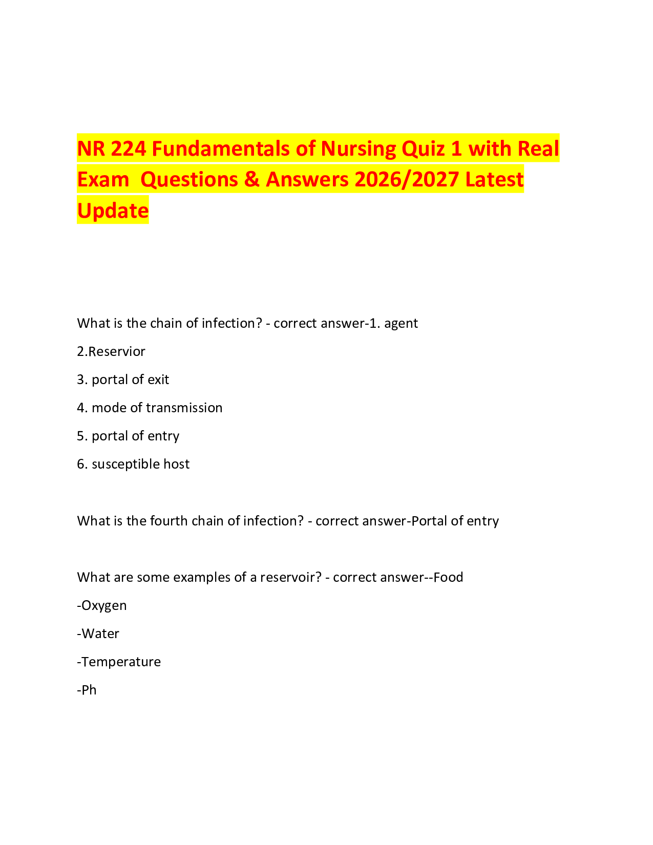 NR 224 Fundamentals of Nursing Quiz 1 with Real  Exam  Questions & Answers 2026/2027 Latest Update