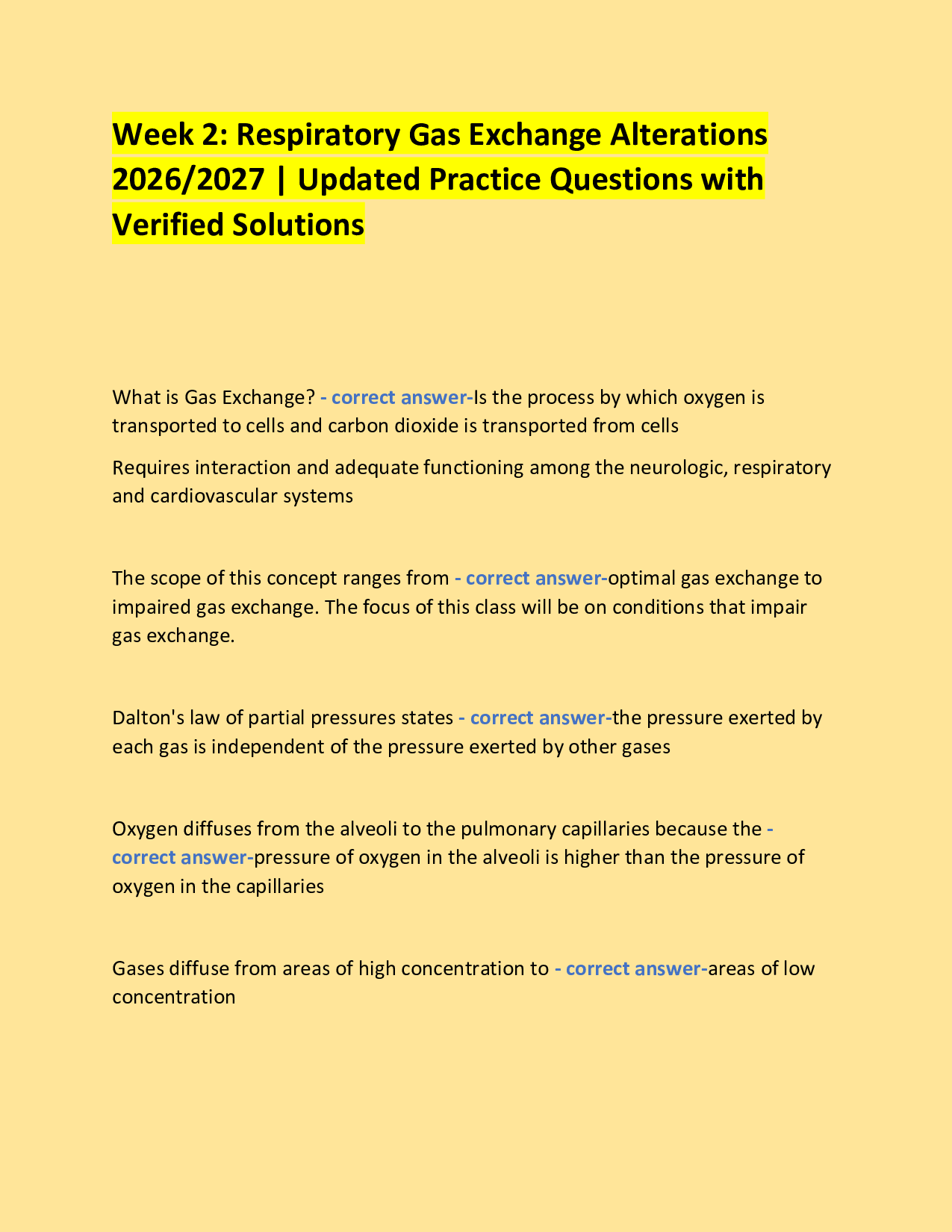 Week 2: Respiratory Gas Exchange Alterations  2026/2027 | Updated Practice Questions with Verified Solutions
