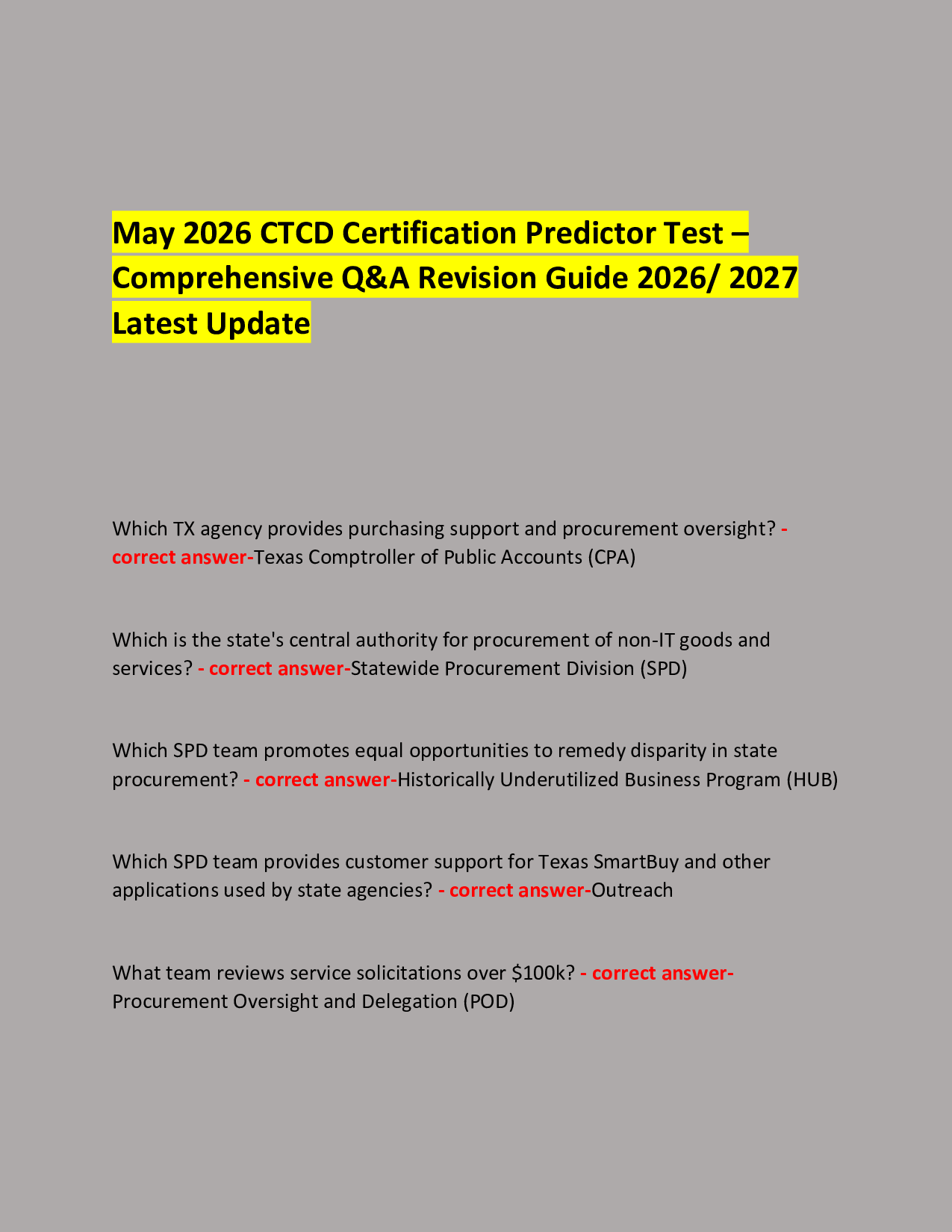 May 2026 CTCD Certification Predictor Test – Comprehensive Q&A Revision Guide 2026/ 2027 Latest Update