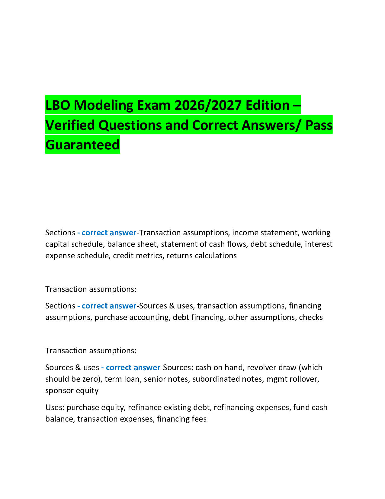 LBO Modeling Exam 2026/2027 Edition – Verified Questions and Correct Answers/ Pass Guaranteed