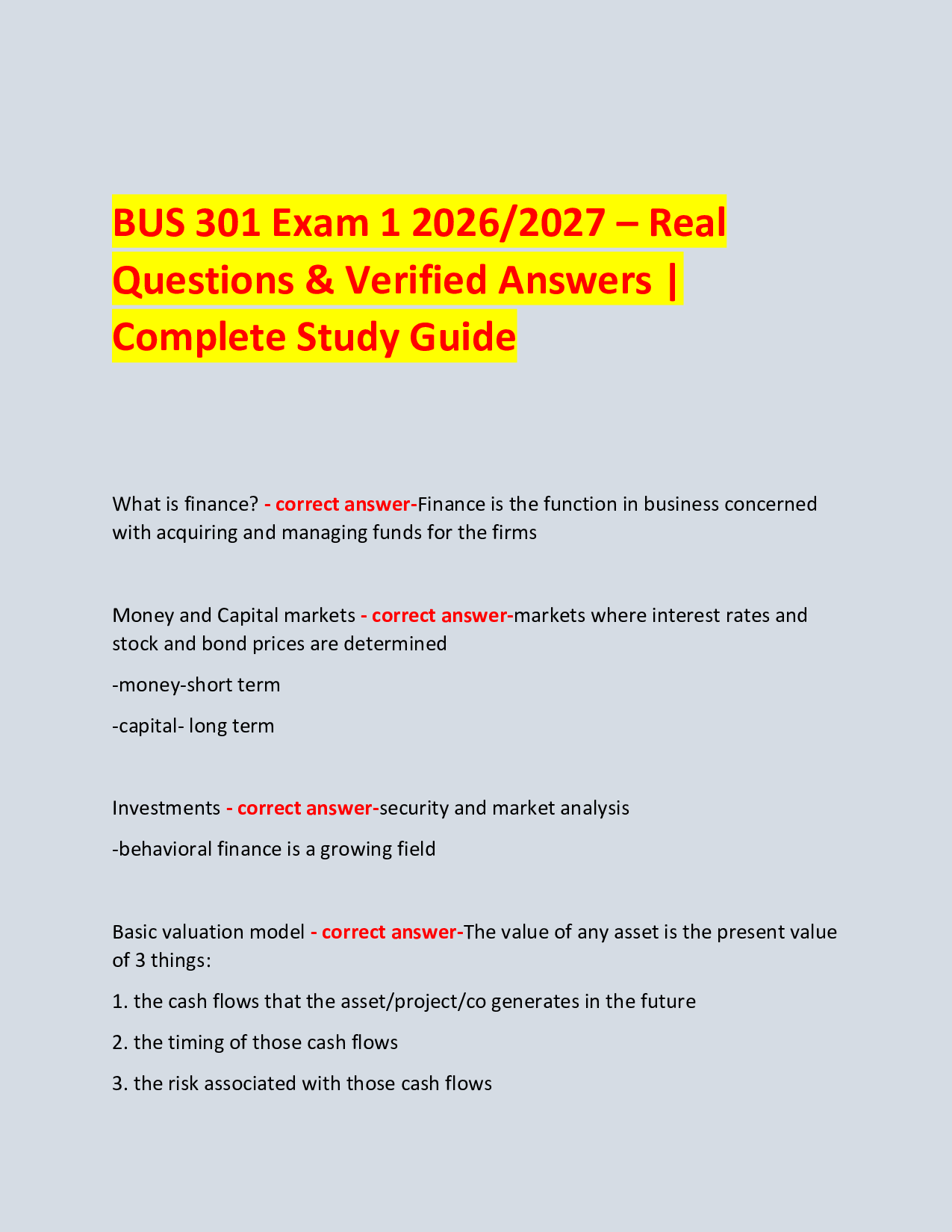 BUS 301 Exam 1 2026/2027 – Reallistic  Questions & Verified Answers | Complete Study Guide