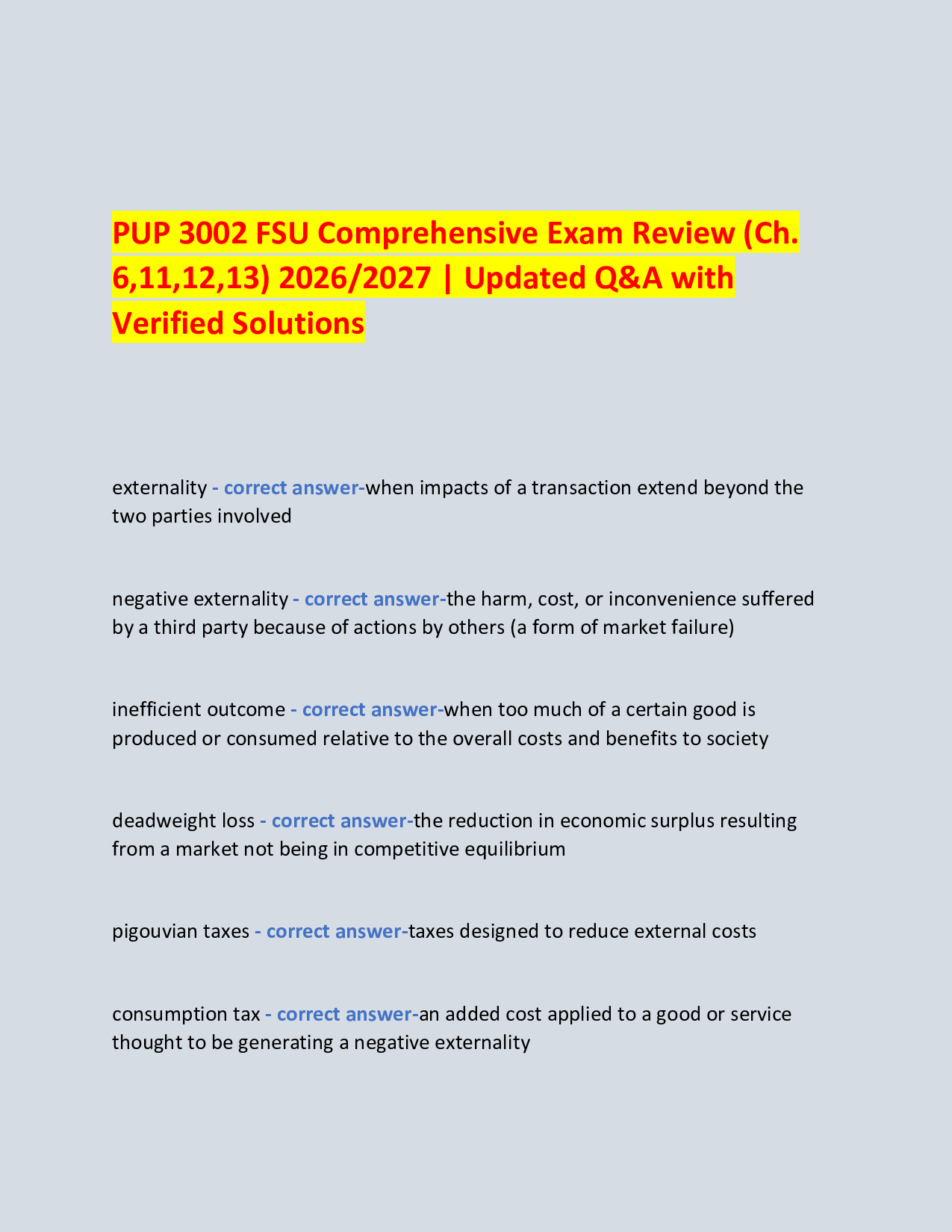 PUP 3002 FSU Comprehensive Exam Review (Ch.  6,11,12,13) 2026/2027 | Updated Q&A with Verified Solutions