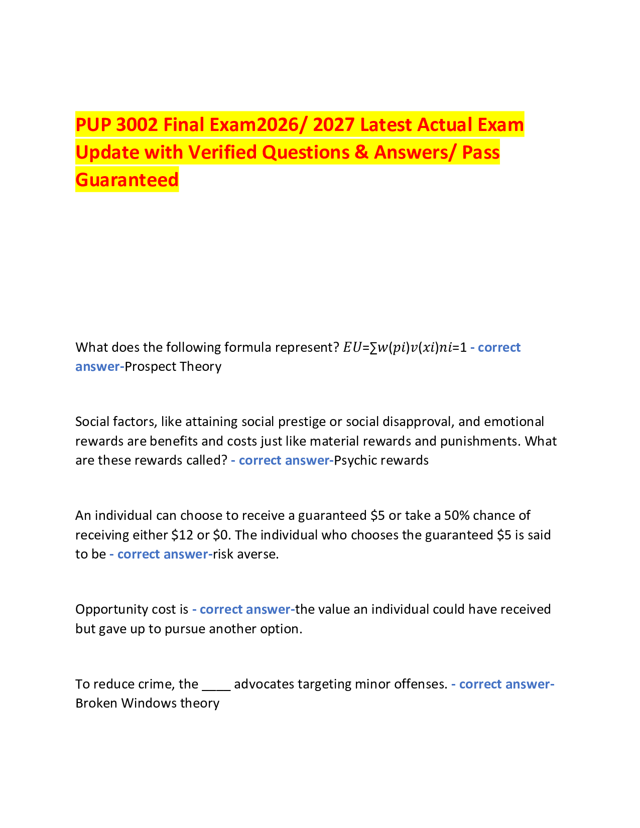 PUP 3002 Final Exam2026/ 2027 Latest Real Exam  Update with Verified Questions & Answers/ Pass Guaranteed