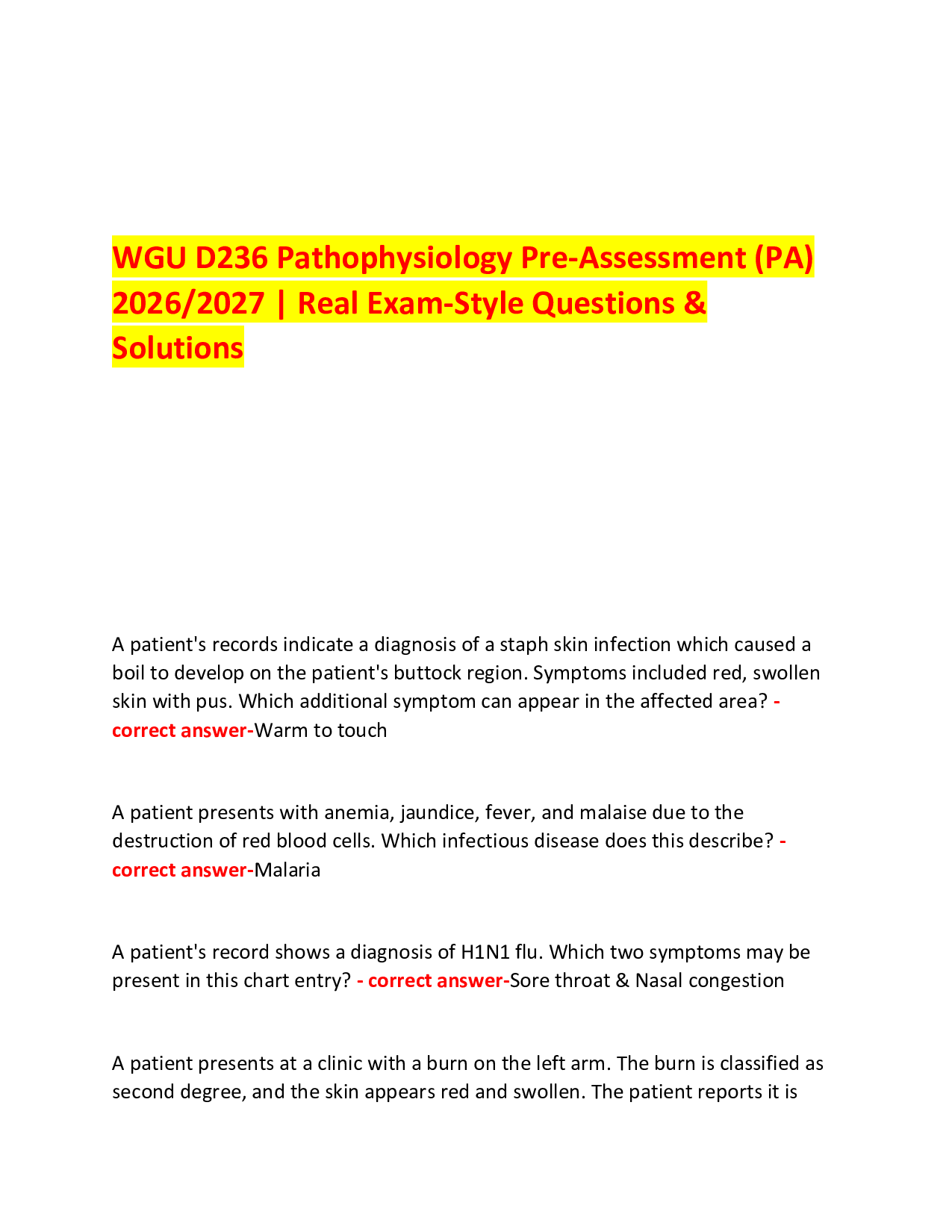 WGU D236 Pathophysiology Pre-Assessment (PA)  2026/2027 | Real Exam-Style Questions & Solutions