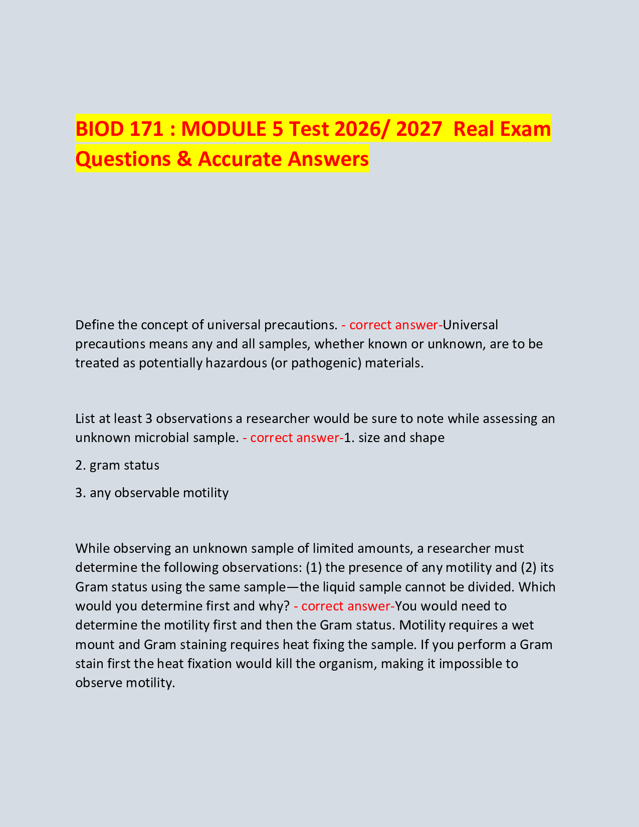BIOD 171 : MODULE 5 Test 2026/ 2027  Real Exam Questions & Accurate Answers