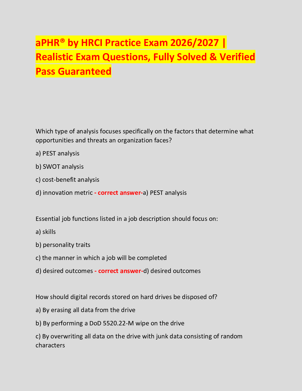 aPHR® by HRCI Practice Exam 2026/2027 |  Realistic Exam Questions, Fully Solved & Verified Pass Guaranteed