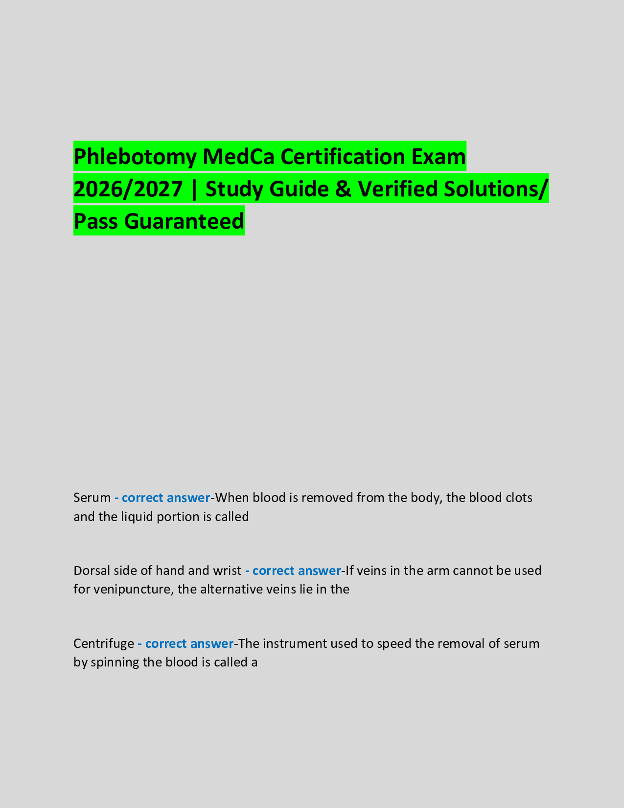 Phlebotomy MedCa Certification Exam  2026/2027 | Study Guide & Verified Solutions/ Pass Guaranteed