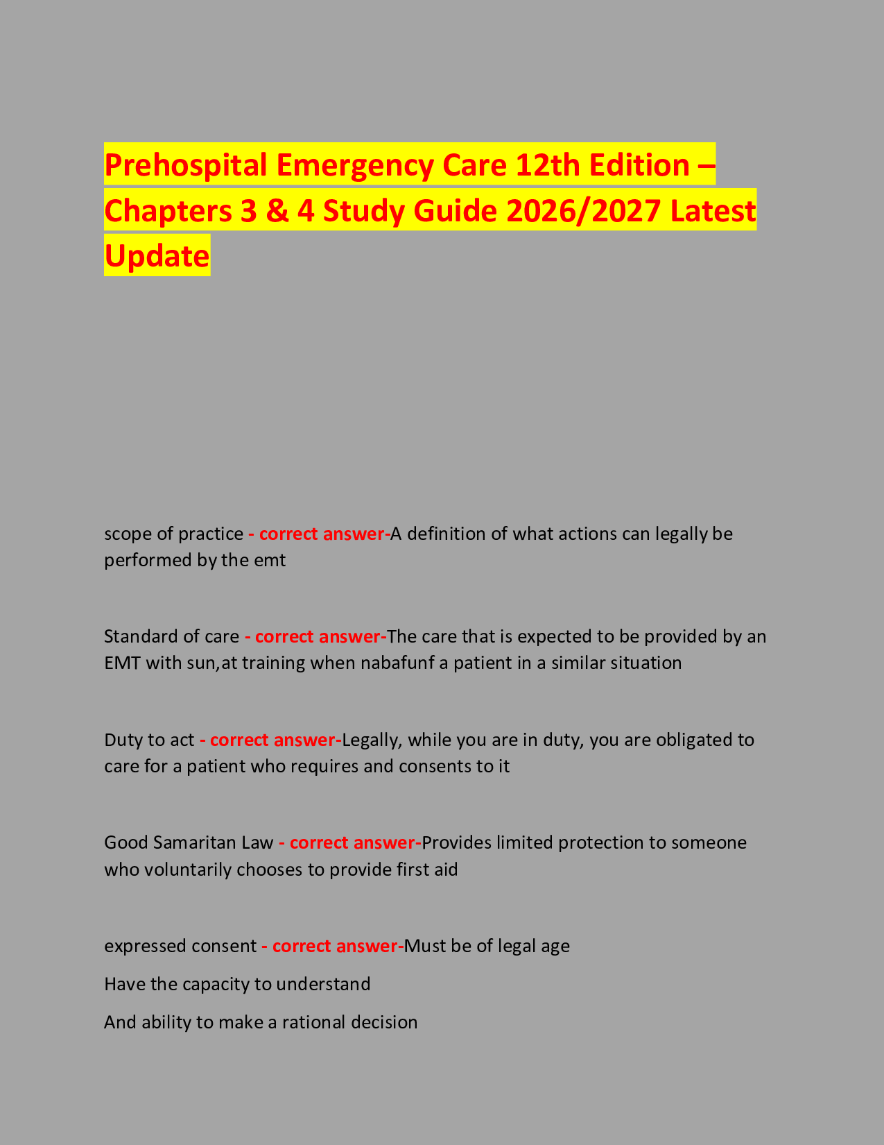Prehospital Emergency Care 12th Edition – Chapters 3 & 4 Study Guide 2026/2027 Latest Update