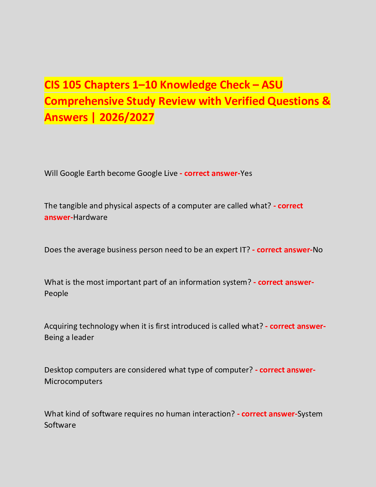 CIS 105 Chapters 1–10 Knowledge Check – ASU  Comprehensive Study Review with Verified Questions & Answers | 2026/2027