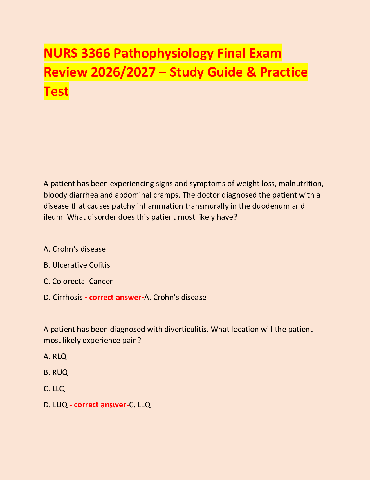 NURS 3366 Pathophysiology Final Exam  Review 2026/2027 – Study Guide & Practice Test
