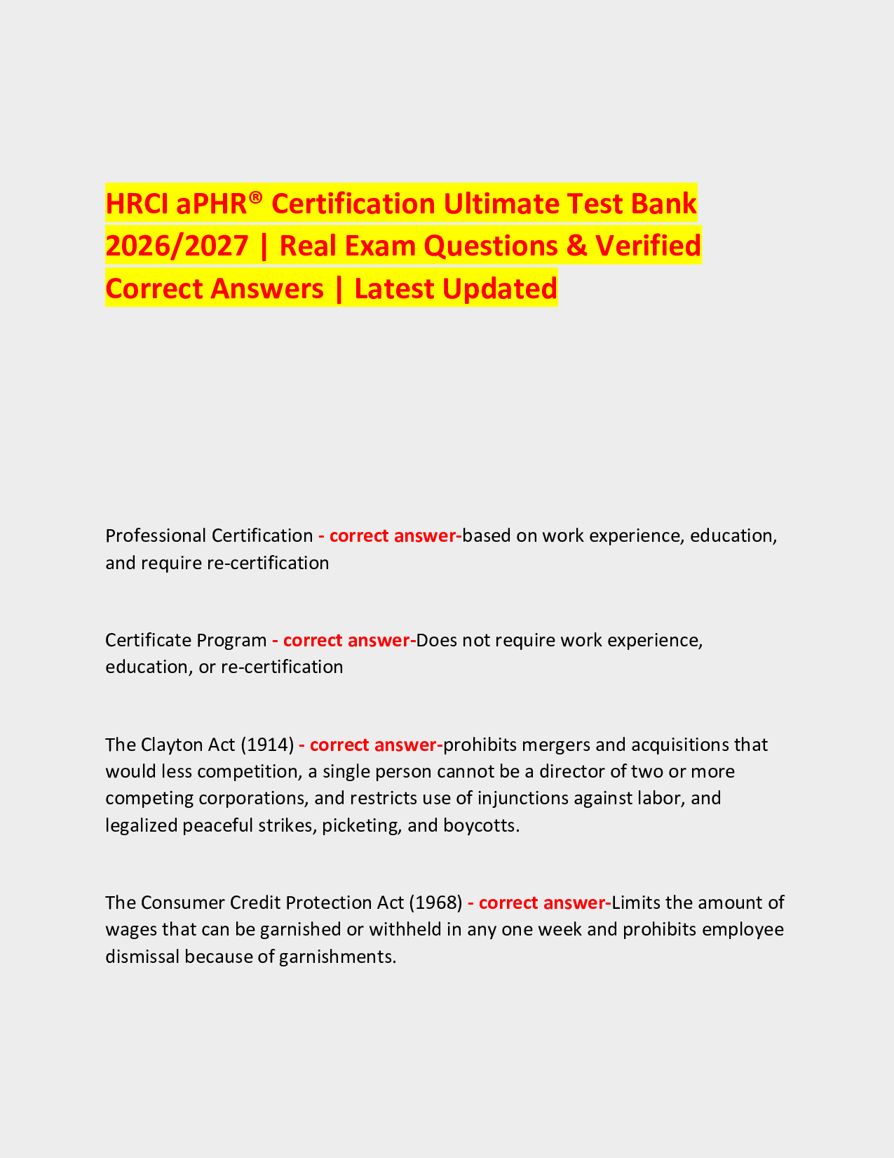 HRCI aPHR® Certification Ultimate Test Bank  2026/2027 | Real Exam Questions & Verified Correct Answers | Latest Updated