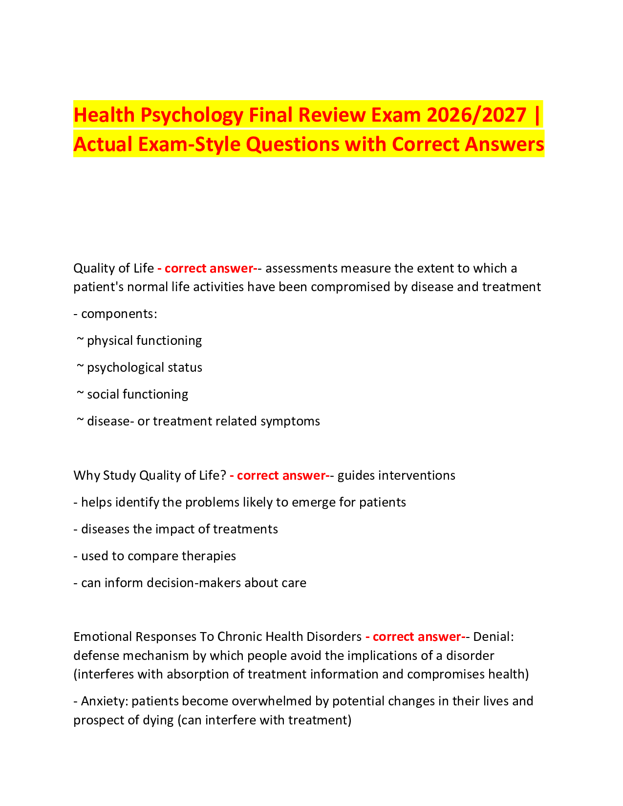 Health Psychology Final Review Exam 2026/2027 |  Actual Exam-Style Questions with Correct Answers