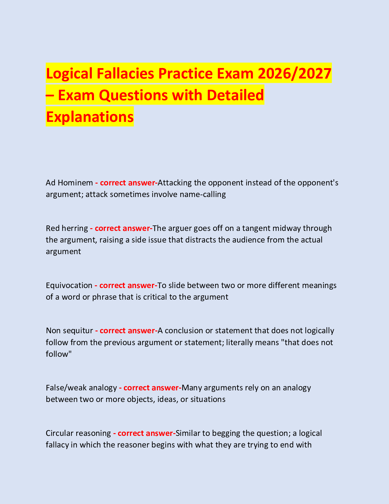 Logical Fallacies Practice Exam 2026/2027  – Exam Questions with Detailed Explanations