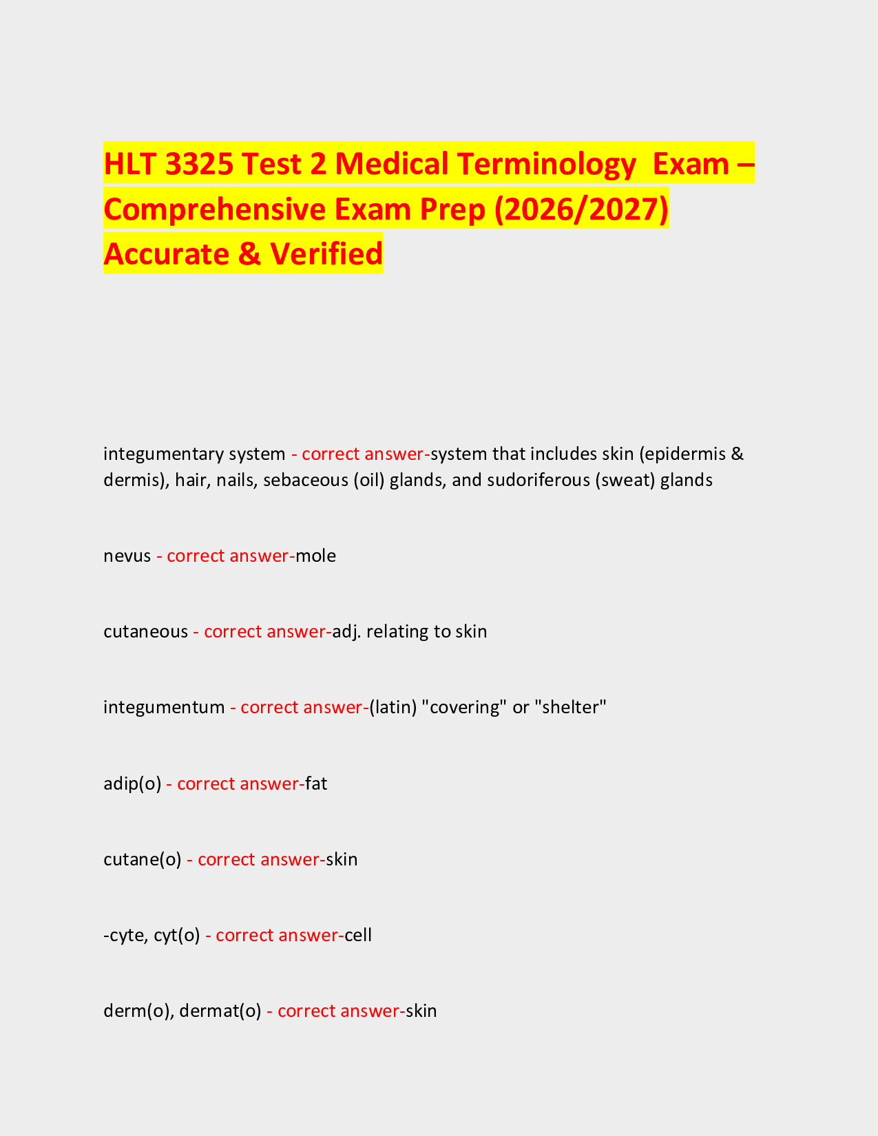 HLT 3325 Test 2 Medical Terminology  Exam – Comprehensive Exam Prep (2026/2027) Accurate & Verified