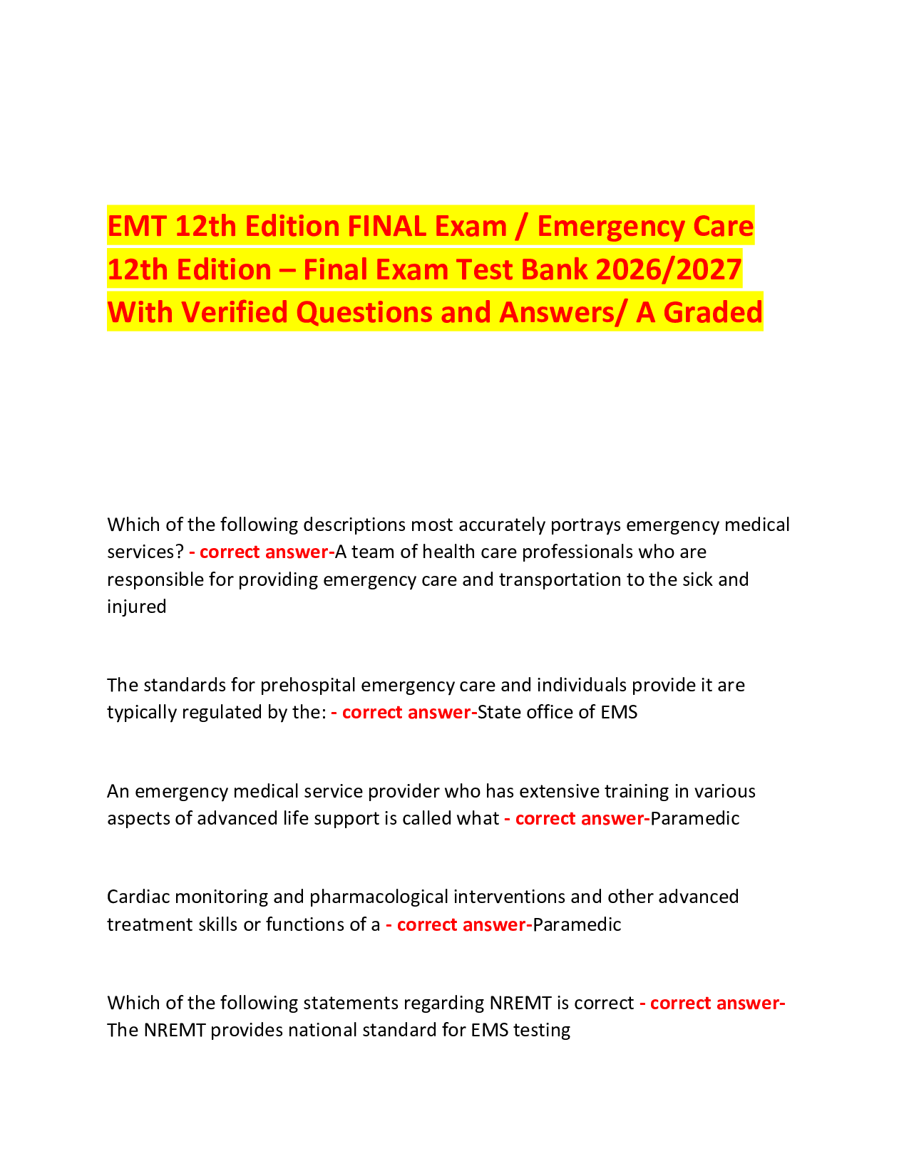 EMT 12th Edition FINAL Exam / Emergency Care  12th Edition – Ultimate Test Bank 2026/2027  With Verified Questions and Answers/ A Graded