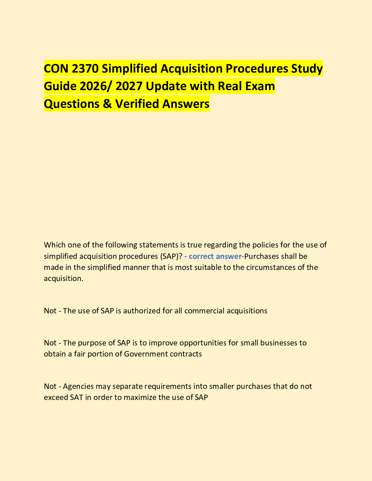 CON 2370 Simplified Acquisition Procedures Study  Guide 2026/ 2027 Update with Real Exam Questions & Verified Answers