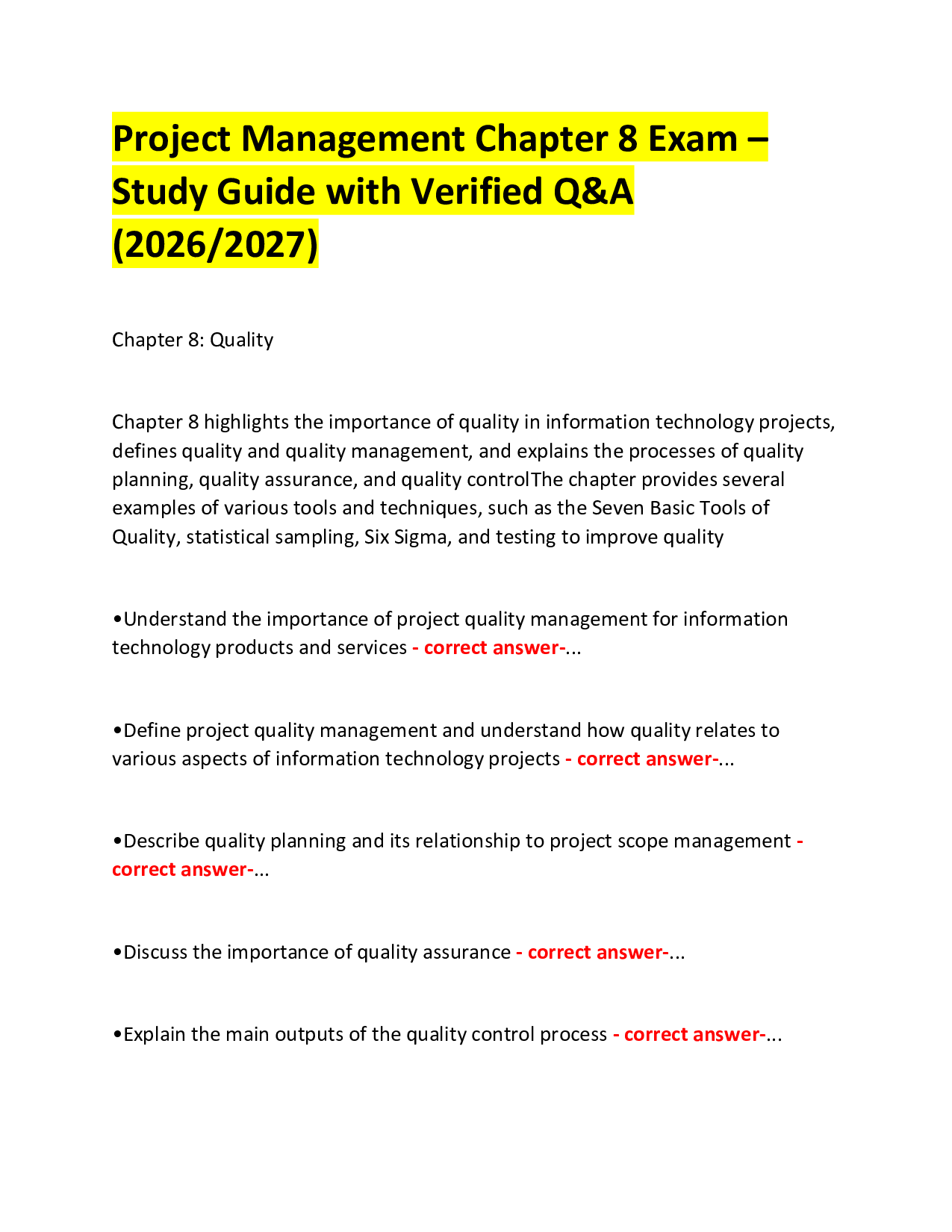 Project Management Chapter 8 Exam – Study Guide with Verified Q&A (2026/2027)