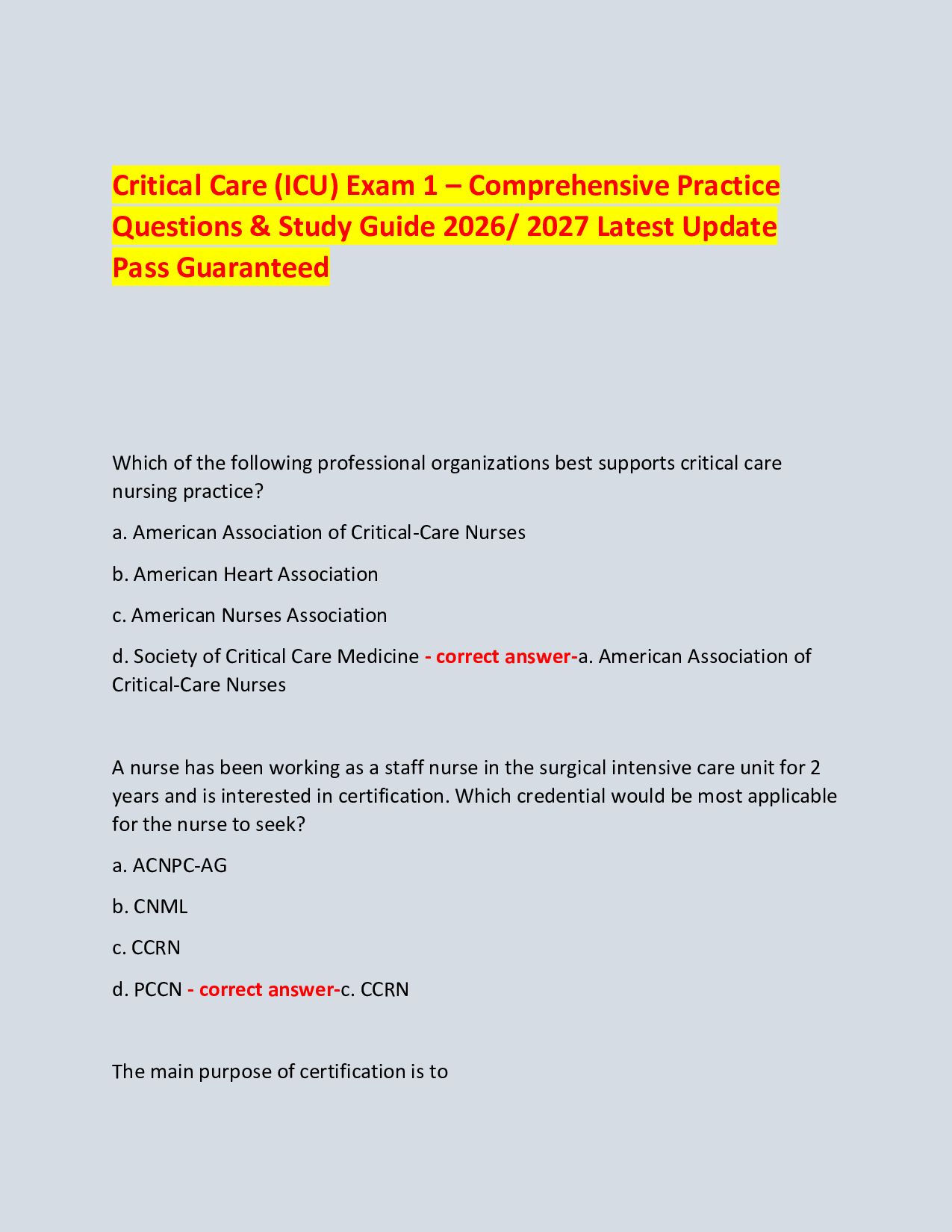 Critical Care (ICU) Exam 1 – Comprehensive Practice  Questions & Study Guide 2026/ 2027 Latest Update Pass Guaranteed