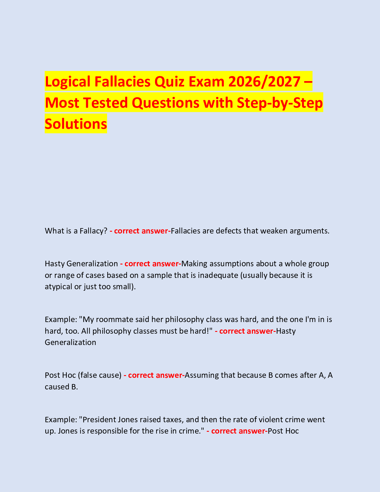 Logical Fallacies Quiz Exam 2026/2027 – Most Tested Questions with Step-by-Step Solutions