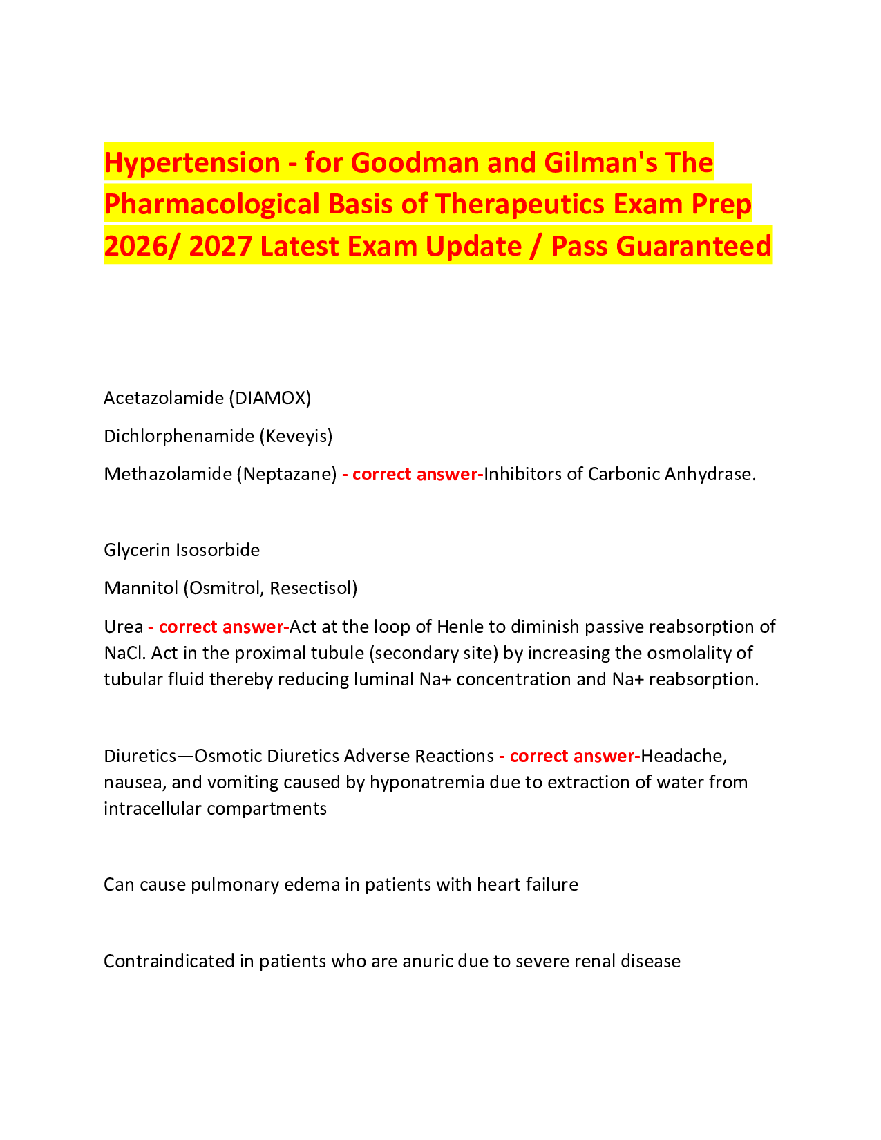Hypertension - for Goodman and Gilman's The Pharmacological Basis of Therapeutics Exam Prep 2026/ 2027 Latest Exam Update / Pass Guaranteed
