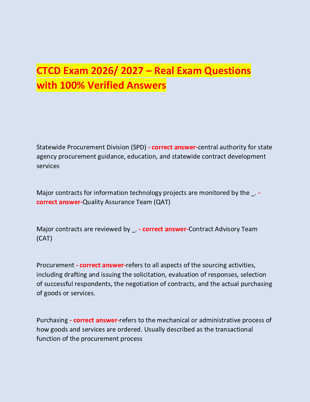 CTCD Exam 2026/ 2027 – Real Exam Questions with 100% Verified Answers