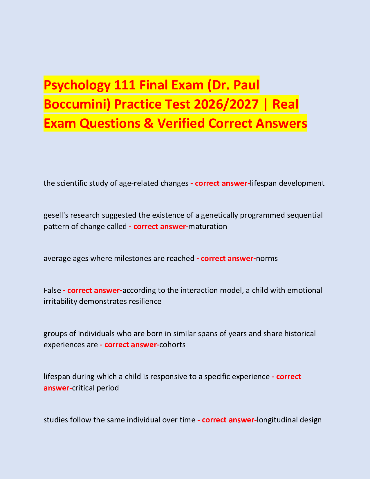 Psychology 111 Final Exam (Dr. Paul  Boccumini) Practice Test 2026/2027 | Real  Exam Questions & Verified Correct Answers