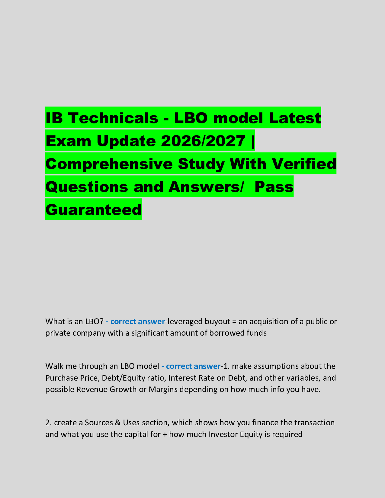 IB Technicals - LBO model Latest  Exam Update 2026/2027 |  Comprehensive Study Review With Verified  Questions and Answers/  Pass  Guaranteed