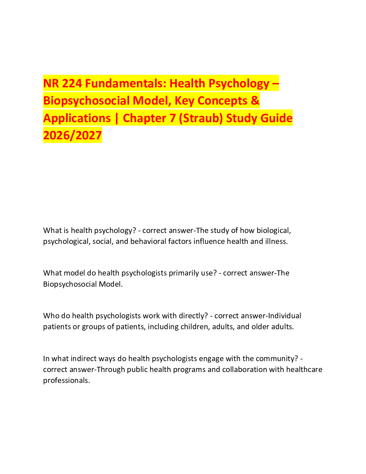 NR 224 Fundamentals: Health Psychology – Biopsychosocial Model, Key Concepts & Applications | Chapter 7 (Straub) Study Guide 2026/2027