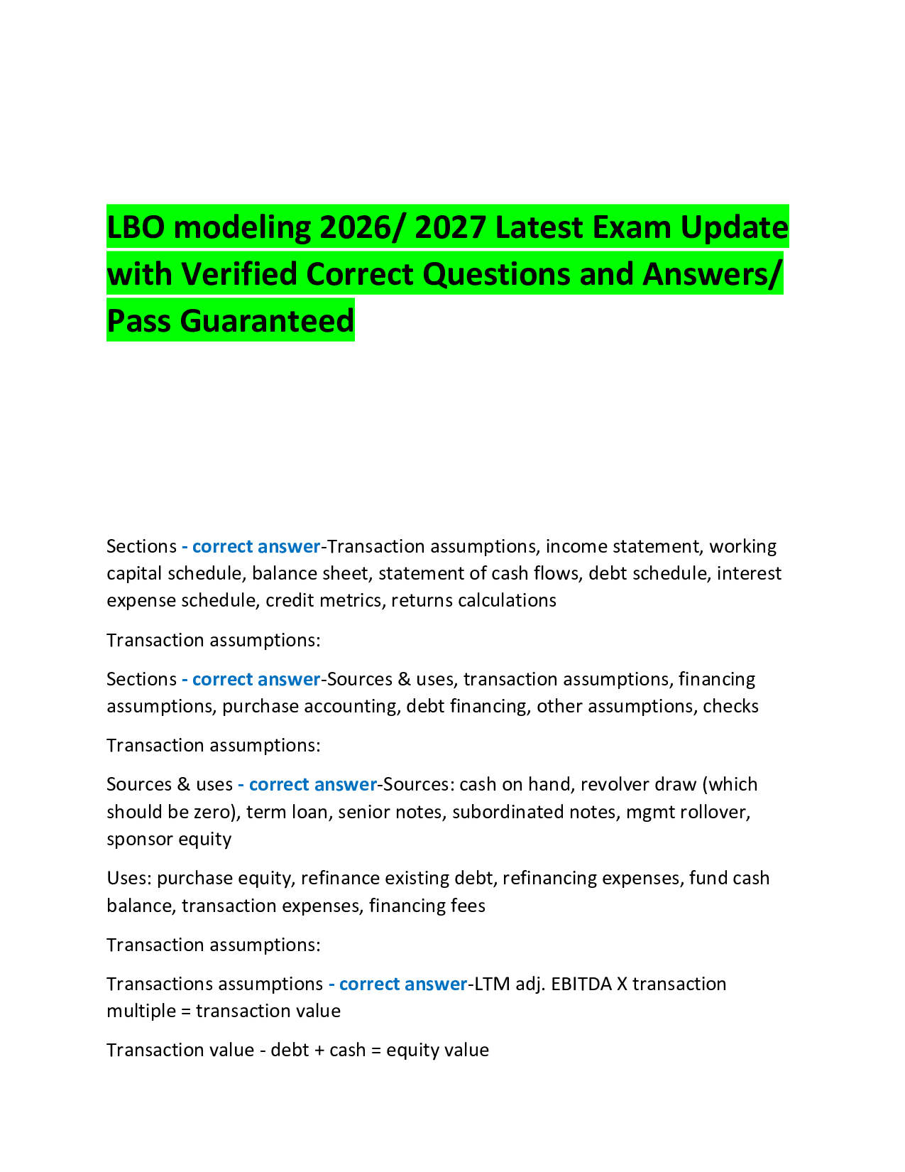 LBO modeling 2026/ 2027 Latest Exam Update with Verified Correct Questions and Answers/ Pass Guaranteed