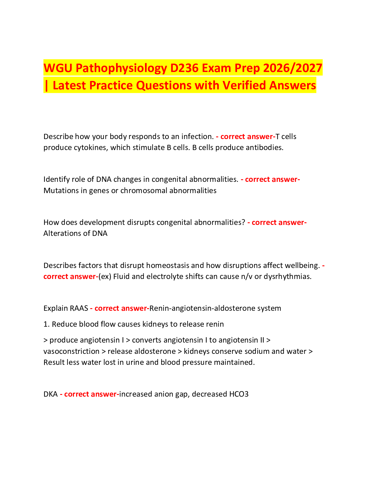 WGU Pathophysiology D236 Exam Prep 2026/2027 | Latest Practice Questions with Verified Answers