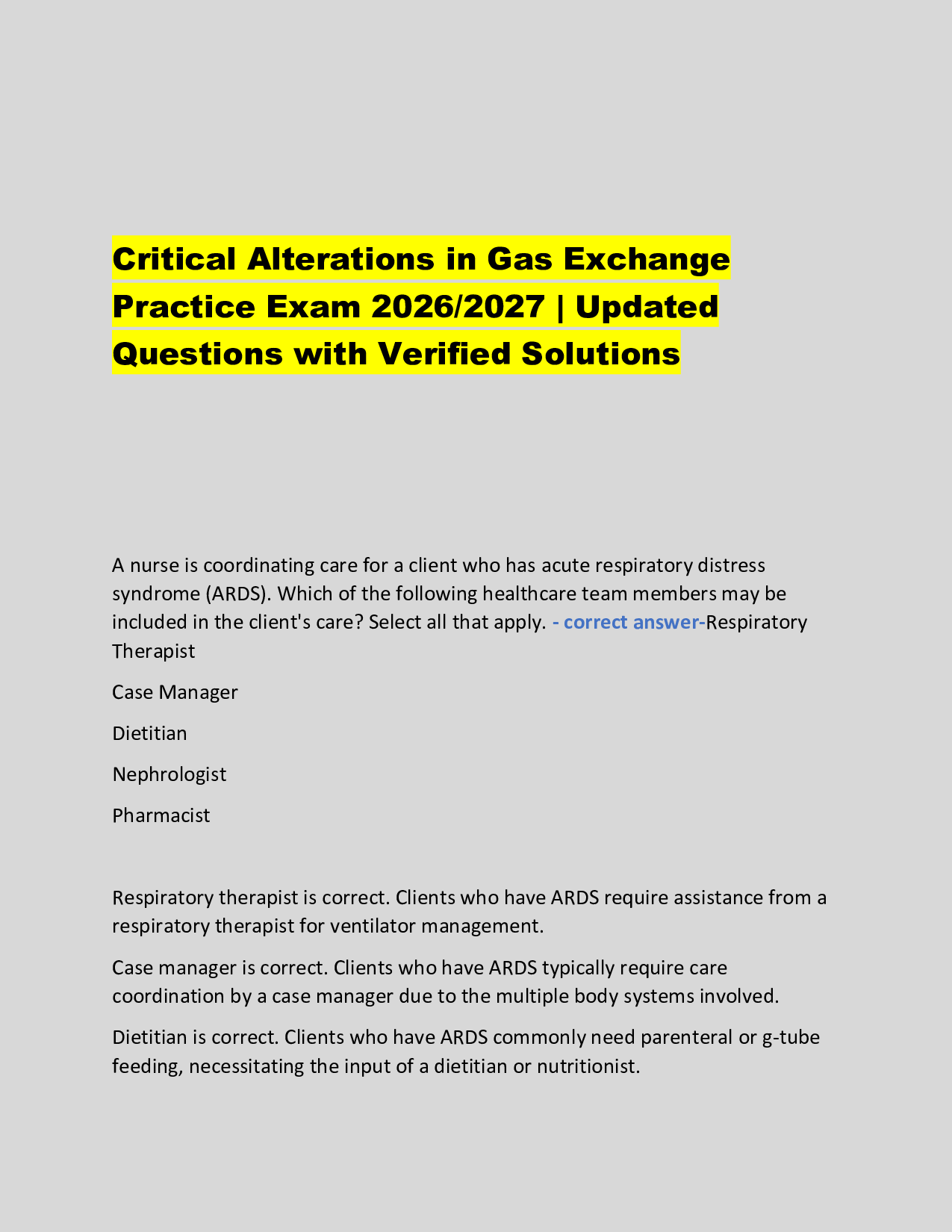 Critical Alterations in Gas Exchange  Practice Exam 2026/2027 | Updated  Questions with Verified Solutions