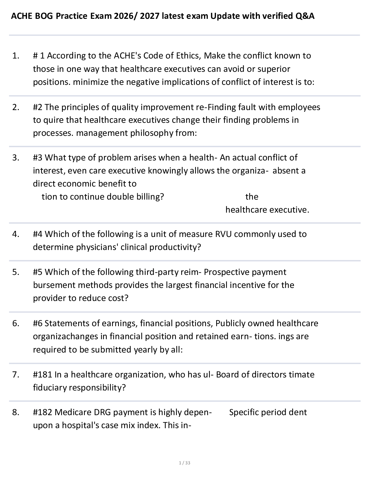 ACHE BOG Practice Exam 2026/ 2027 latest exam Update with verified Q&A