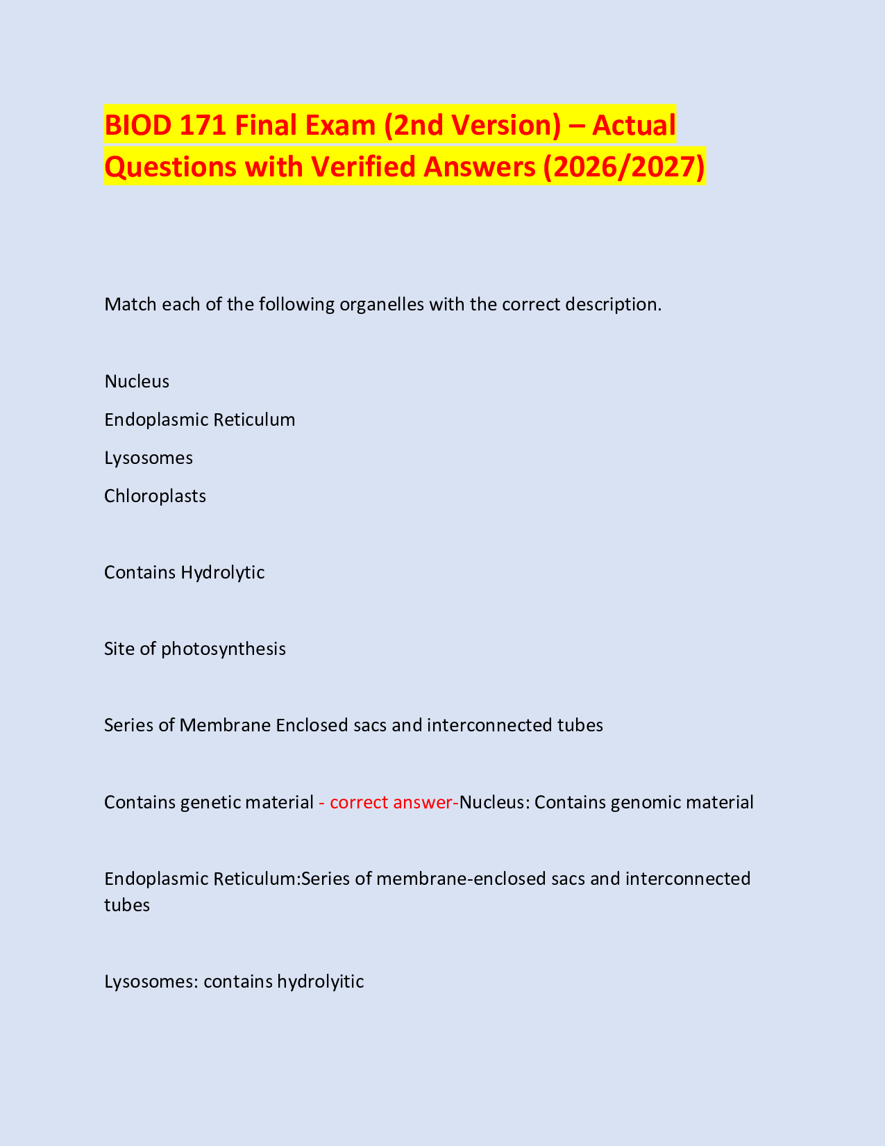 BIOD 171 Final Exam (2nd Version) – Actual  Questions with Verified Answers (2026/2027)