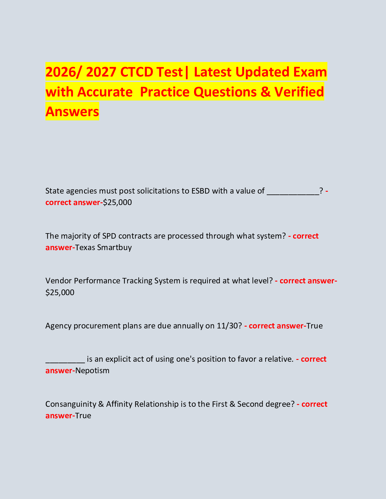 2026/ 2027 CTCD Test| Latest Updated Exam  with Accurate  Practice Questions & Verified Answers