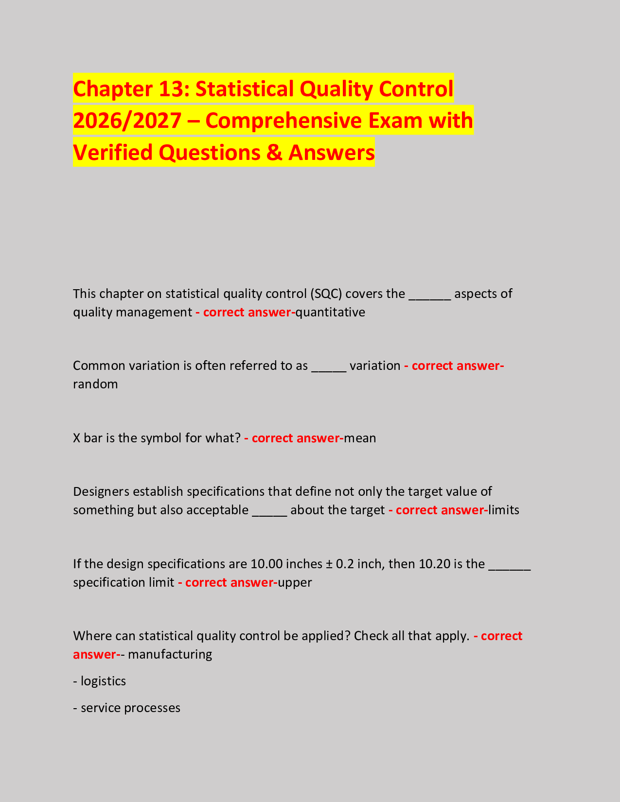 Chapter 13: Statistical Quality Control  2026/2027 – Comprehensive Exam with Verified Questions & Answers