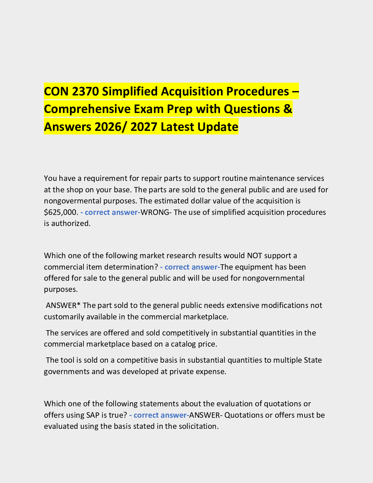CON 2370 Simplified Acquisition Procedures – Comprehensive Exam Prep with Questions & Answers 2026/ 2027 Latest Update