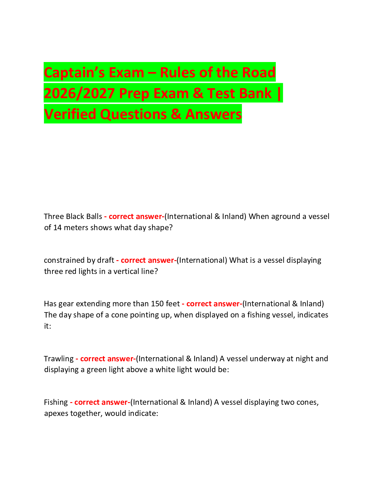 Captain’s Exam – Rules of the Road   2026/2027 Prep Exam & Test Bank | Verified Questions & Answers