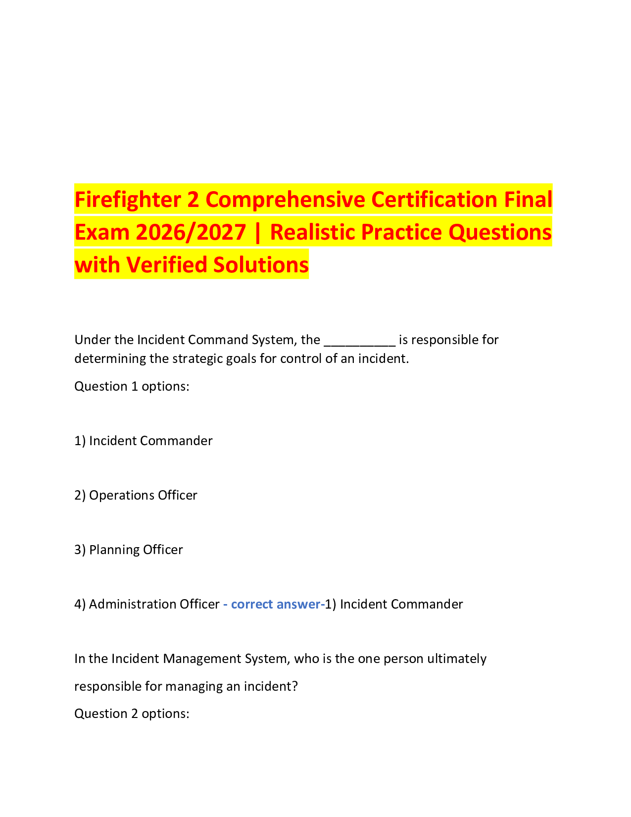 Firefighter 2 Comprehensive Certification Final Exam 2026/2027 | Real Practice Questions with Verified Solutions