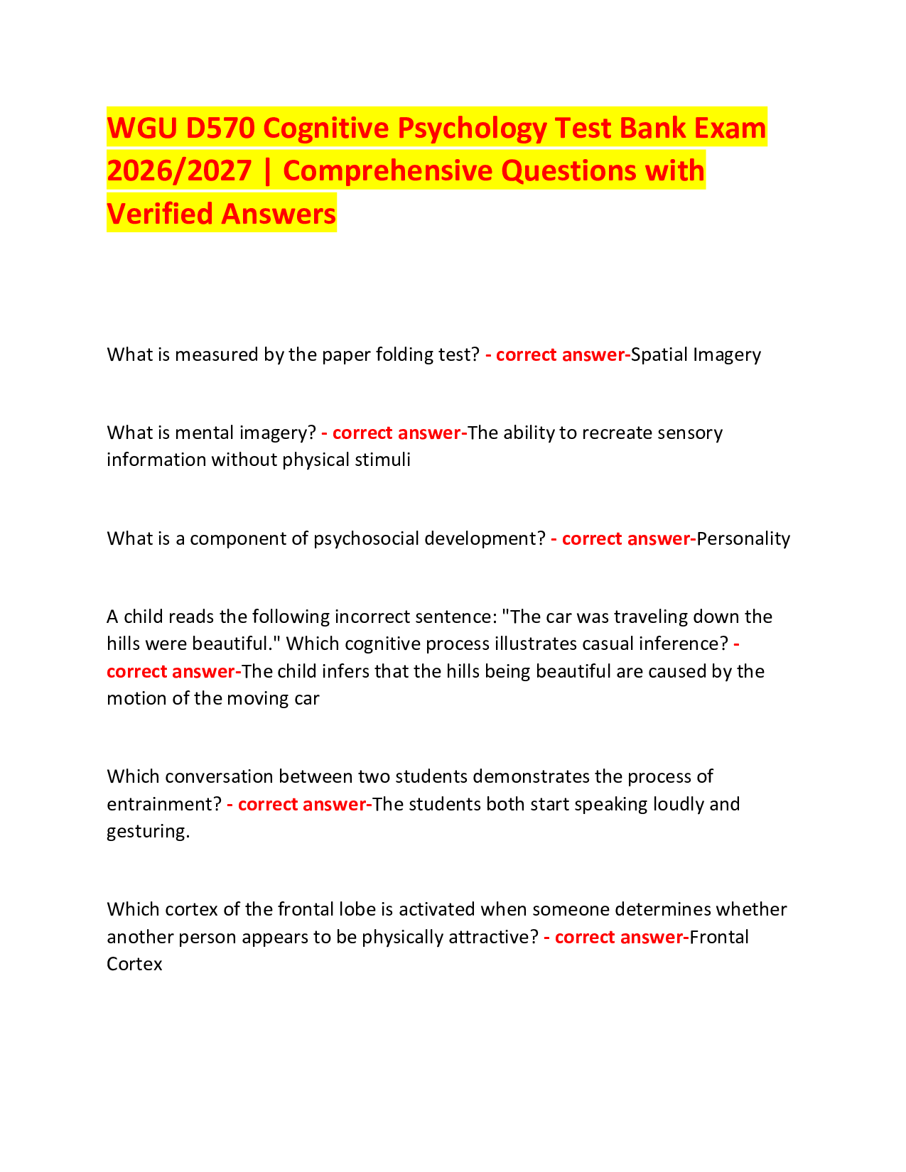 WGU D570 Cognitive Psychology Test Bank Exam  2026/2027 | Comprehensive Questions with Verified Answers