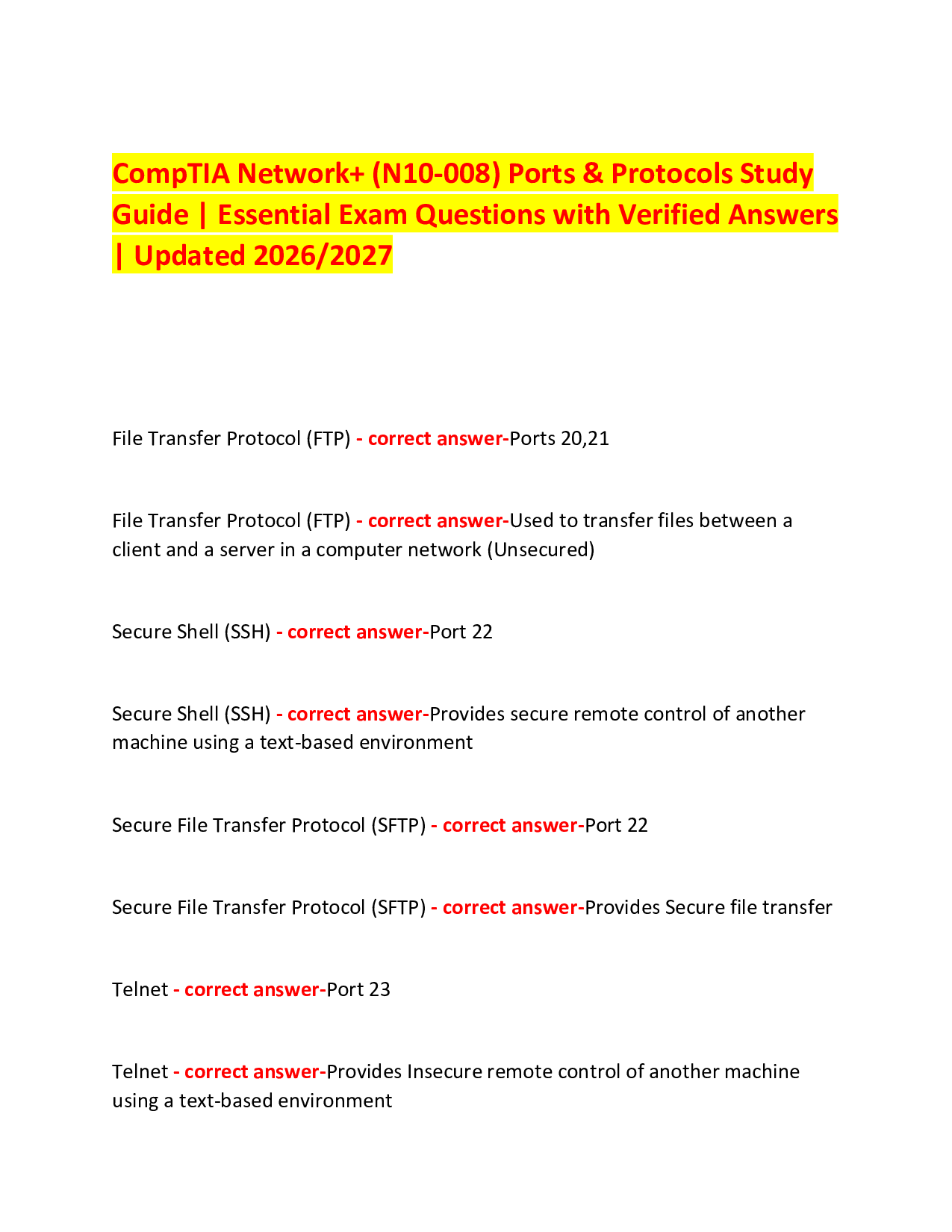 CompTIA Network+ (N10-008) Ports & Protocols Study  Guide | Essential Exam Questions with Verified Answers | Updated 2026/2027