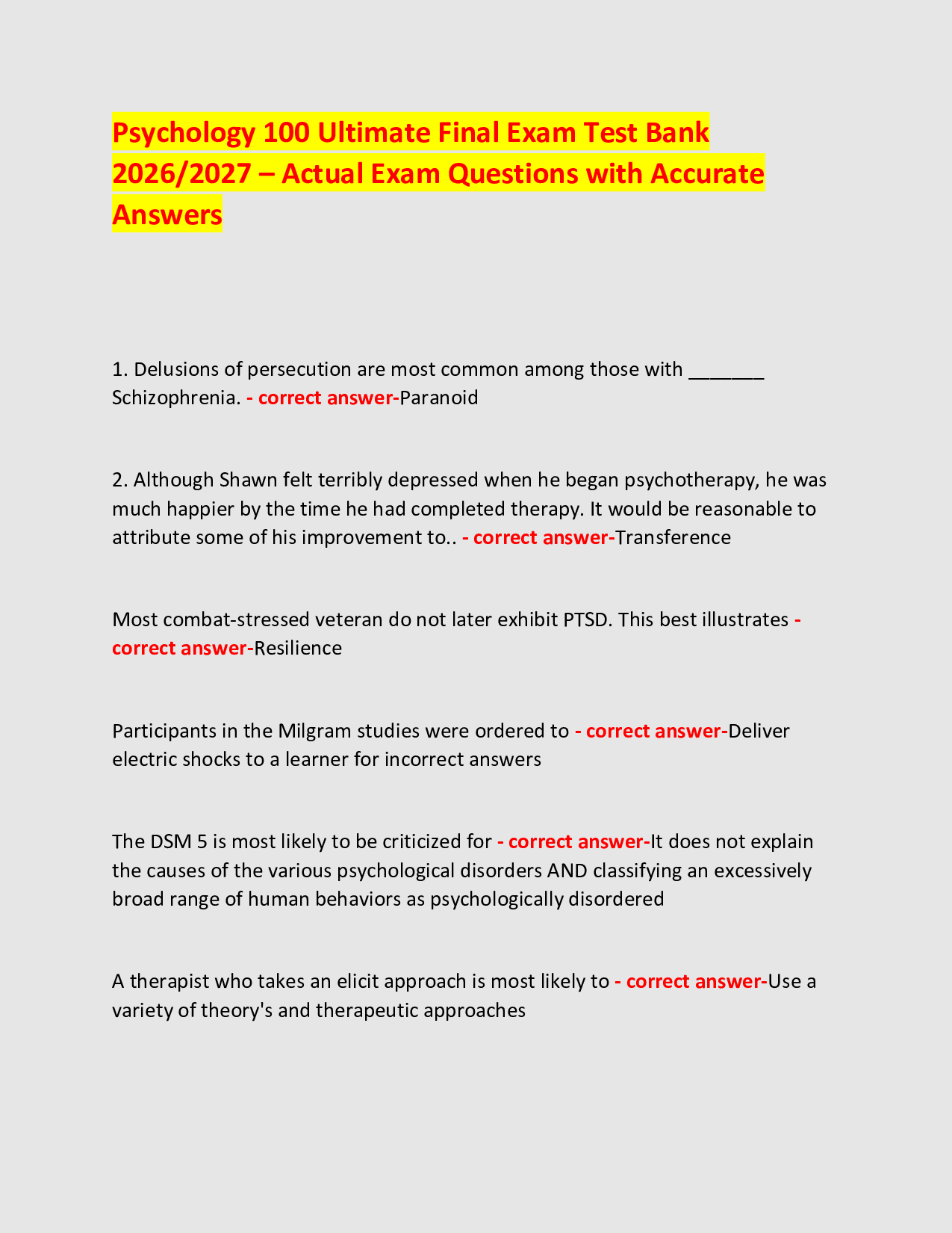 Psychology 100 Ultimate Final Exam Test Bank  2026/2027 – Actual Exam Questions with Accurate Answers
