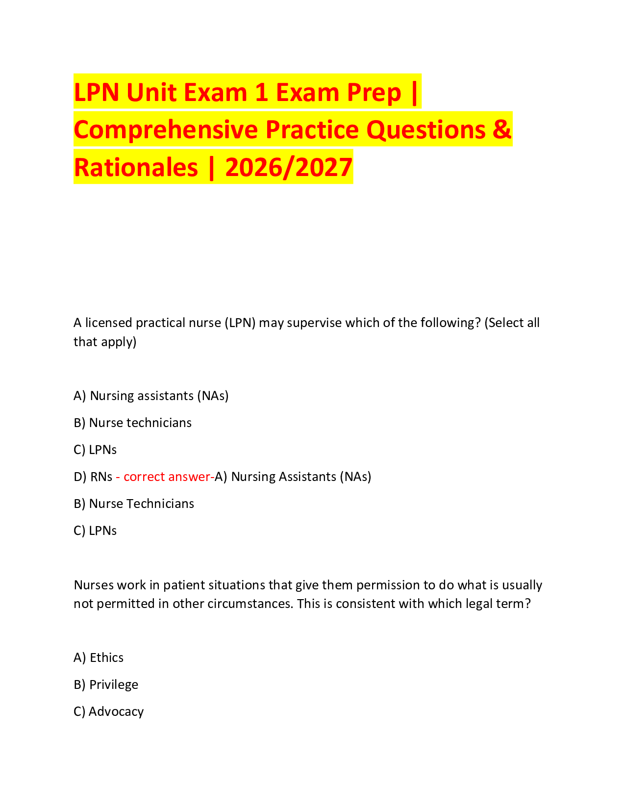 LPN Unit Exam 1 Exam Prep |  Comprehensive Practice Questions & Rationales | 2026/2027