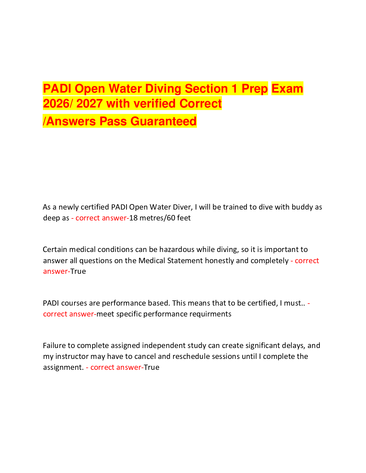 PADI Open Water Diving Section 1 Prep Exam  2026/ 2027 with verified Correct  /Answers Pass Guaranteed