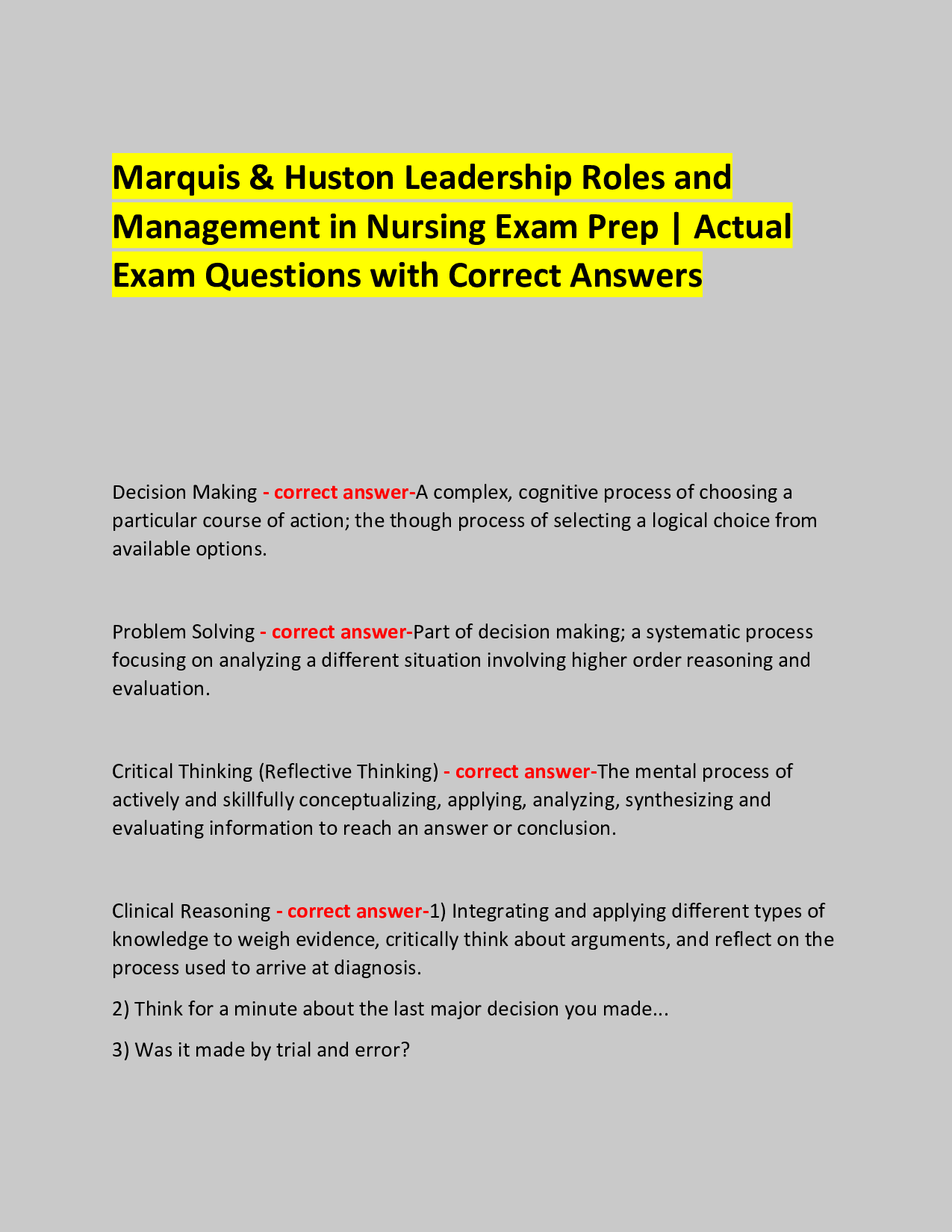 Marquis & Huston Leadership Roles and  Management in Nursing Exam Prep | Actual Exam Questions with Correct Answers