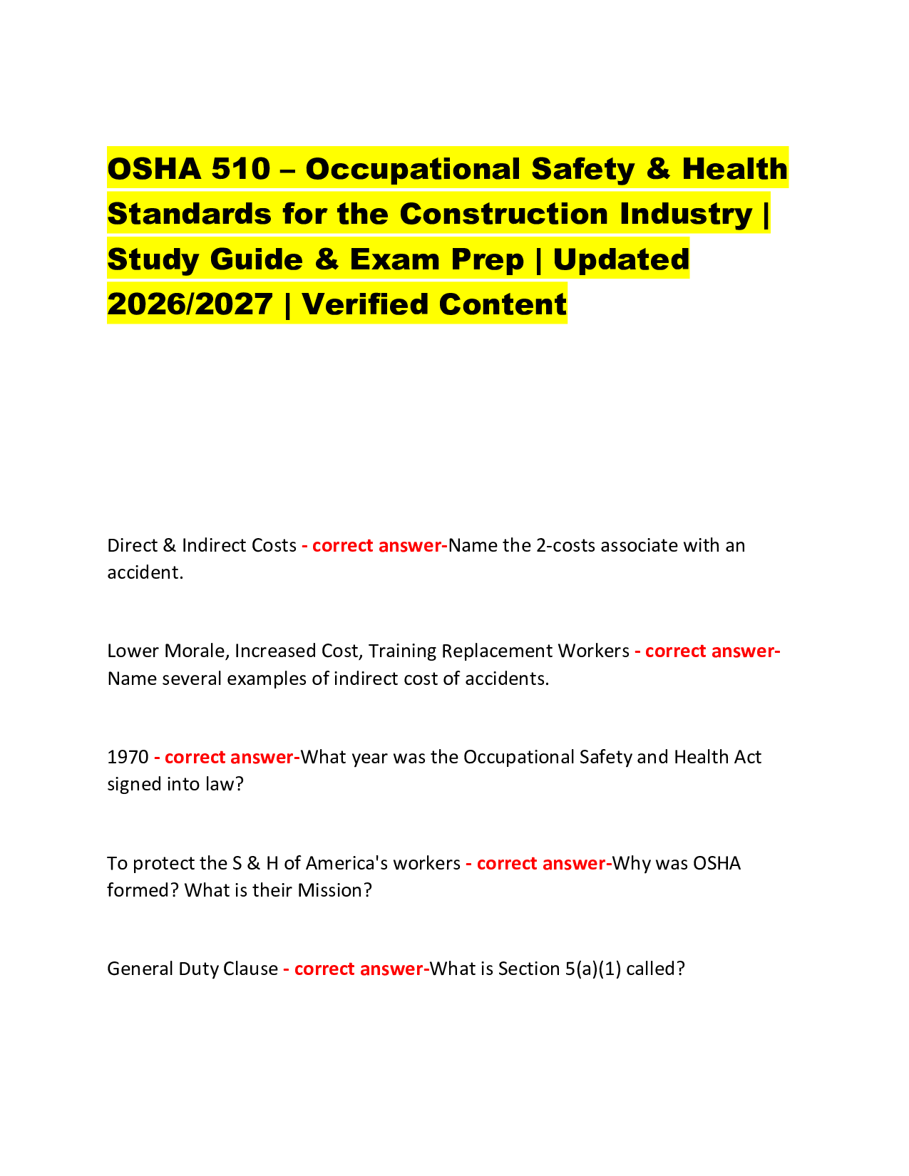 OSHA 510 – Occupational Safety & Health  Standards for the Construction Industry |  Study Guide & Exam Prep | Updated  2026/2027 | Verified Content
