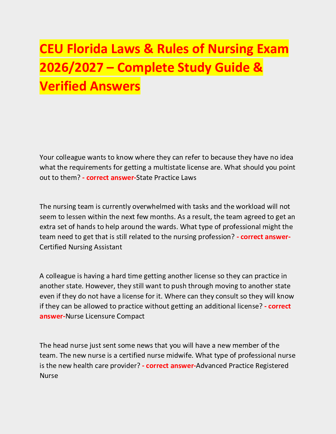 CEU Florida Laws & Rules of Nursing Exam  2026/2027 – Complete Study Guide & Verified Answers