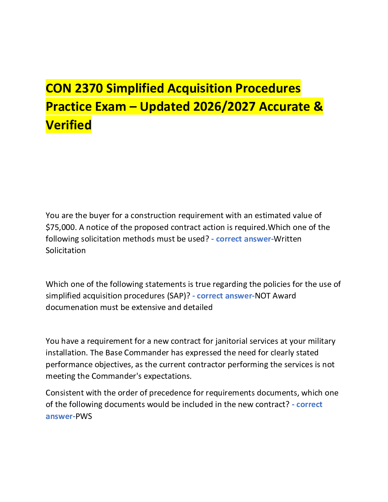 CON 2370 Simplified Acquisition Procedures  Practice Exam – Updated 2026/2027 Accurate & Verified
