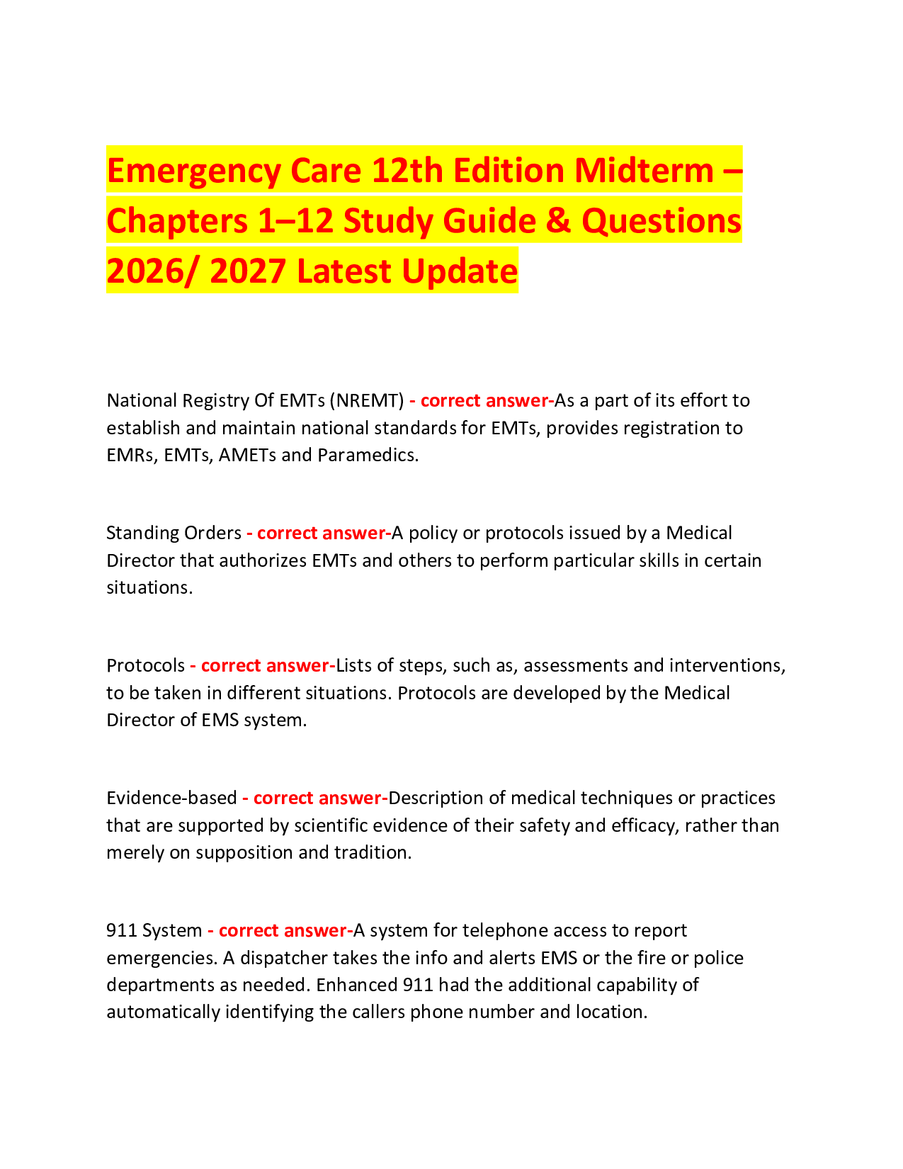 Midterm Exam Emergency Care 12th Edition Midterm –  Chapters 1–12 Study Guide & Questions 2026/ 2027 Latest Update