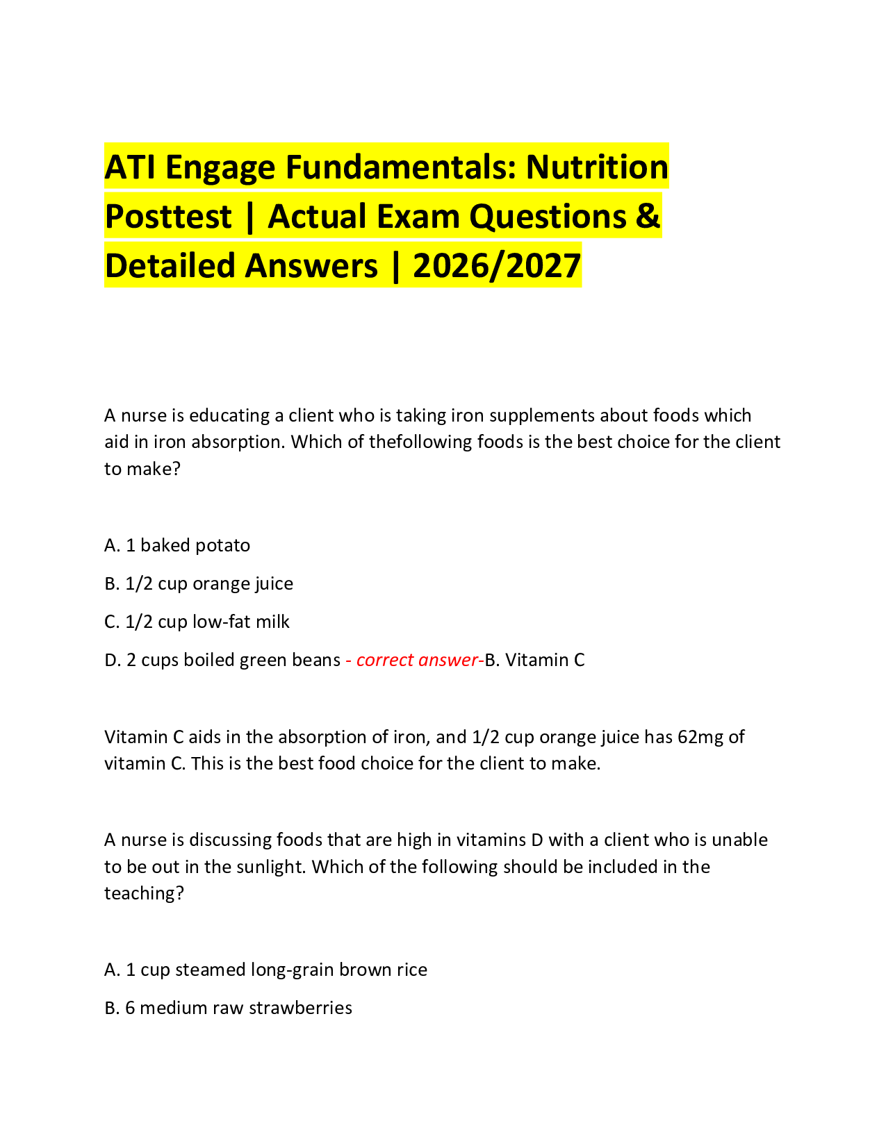 ATI Engage Fundamentals: Nutrition  Posttest | Actual Exam Questions & Detailed Answers | 2026/2027